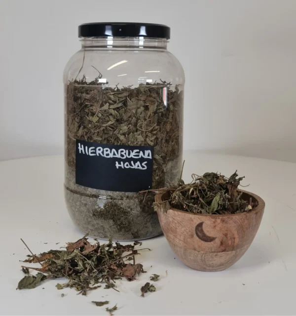 Hierbabuena hojas bote y cuenco